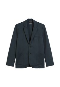 Marineblauwe blazer van textuurstof, met een gekartelde revers, twee voorzakken en twee knopen aan de voorkant.