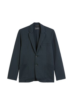 Marineblauwe blazer van textuurstof, met een gekartelde revers, twee voorzakken en twee knopen aan de voorkant.