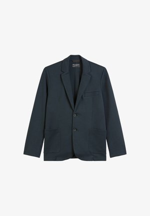 Marineblauer Blazer aus strukturiertem Stoff, mit Reverskragen, zwei Fronttaschen und zwei Knöpfen vorne.