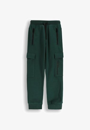 Zielone dresy wykonane z bawełny, z dwiema bocznymi kieszeniami na zamek, kieszeniami cargo, ściągaczami oraz nadrukowanym logo z boku.