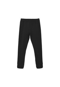 Svarta sweatpants med elastisk midja, avsmalnande ben, tillverkade av ett mjukt, stretchigt material, utan synliga mönster eller dekorationer.