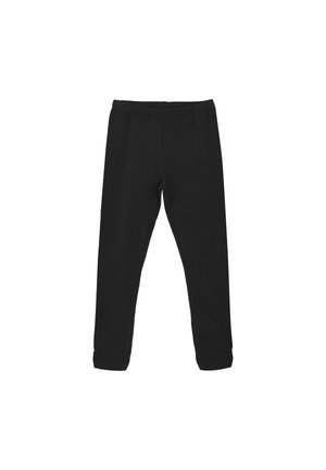 Zwarte sweatpants met een elastische tailleband, taps toelopende benen, gemaakt van een zachte, rekbare stof, zonder zichtbare patronen of versieringen.
