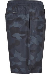 Herren Schwimmshorts im navy-blauen Camouflage-Muster, aus leichtem Material gefertigt, mit einem elastischen Bund und einer seitlichen Reißverschlusstasche.