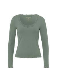 Maglietta a maniche lunghe in tessuto a coste verde opaco. Presenta un colletto e un orlo a scallop, con delicata fascia in pizzo lungo il colletto.