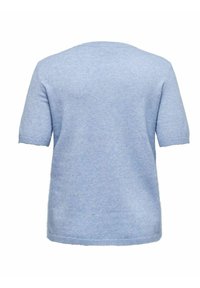 Svetlo modro kratkolasno svetrovno, ki ima okroglo izrezo, mehak tekstura ter rebrast rob in manšete. Hrbtna stran je enostavna brez dodatnih podrobnosti.