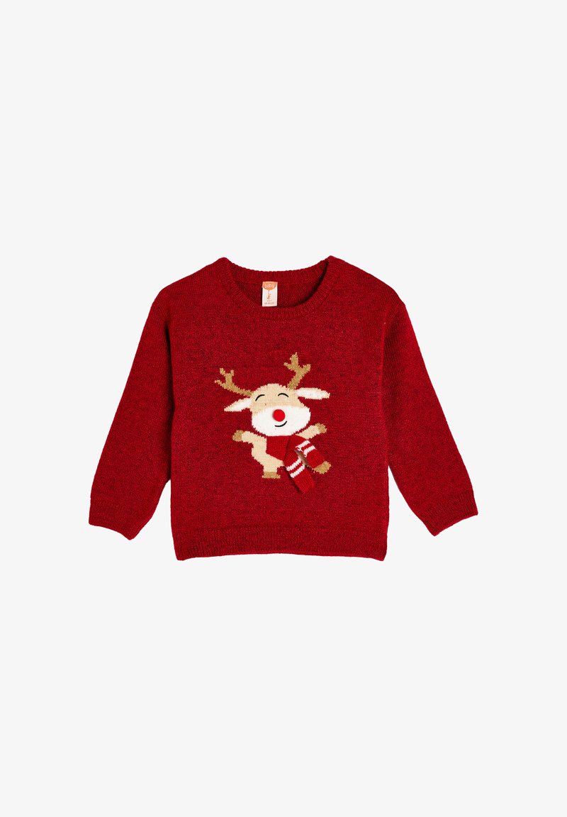 Roter Kinderpullover mit einem lächelnden Rentier, das einen rot-weiß gestreiften Schal auf der Vorderseite trägt.