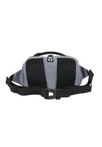 Bolso de cadera en gris y negro con paneles de malla, tejido duradero, correa ajustable, cierre de cremallera y un logotipo en la parte frontal.