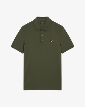 Olívazöld pamut galléros póló, háromgombos nyílással, rövid ujjú, bal mellrészen sárga hímzett sas logóval.