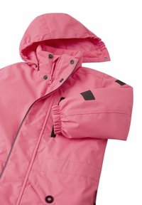 Pink insulated jacket with a hood, featuring black accents on sleeves and zippers, textured fabric, and elasticized cuffs for secure fit.