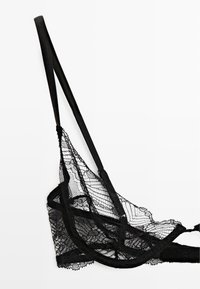 Black lace bralette with adjustable straps, featuring a geometric design, textured mesh, and scalloped edges for added detail.