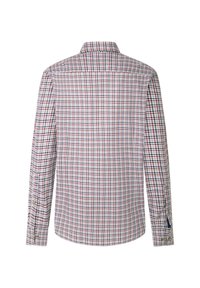 Camicia a maniche lunghe bianca con un motivo a quadretti blu, rosso e verde. Presenta un colletto piegato e polsini con bottoni.