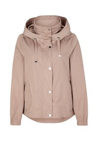 Jasnoróżowa, wodoodporna kurtka z kapturem, sznurkami do regulacji, zapięciem na zatrzaski oraz dwoma bocznymi kieszeniami. Gładka faktura i luźny krój.