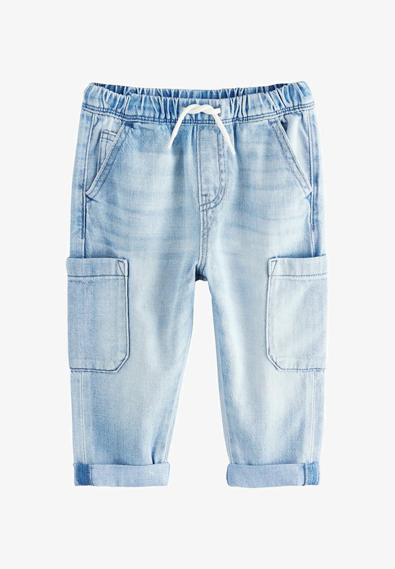 Light blue toddler denim pants with elastic waistband, white drawstring, front pockets, cargo pockets on sides, and rolled cuffs.