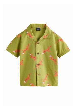 Grünes Kurzarm-Hemd mit Knöpfen und Kragen, versehen mit einem verspielten Muster aus orangefarbenen Eidechsen mit großen Augen.