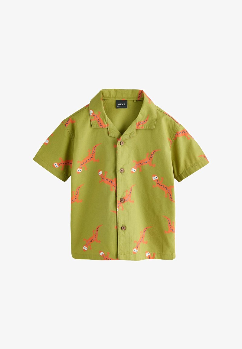 Chemise verte à manches courtes avec col et boutons, ornée d'un motif ludique de lézards orange aux yeux écarquillés.