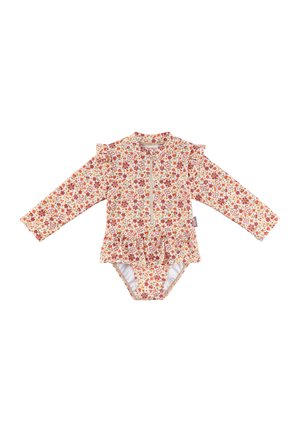 Langärmliger, floraler Badeanzug mit einem rüschierten Saum in Orange, Pink und Gelb. Verfügt über einen Reißverschluss vorne und einen figurbetonten Oberteil.