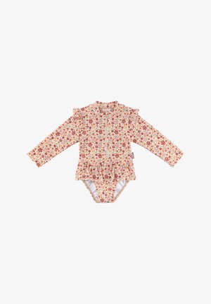 Langärmliger, floraler Badeanzug mit einem rüschierten Saum in Orange, Pink und Gelb. Verfügt über einen Reißverschluss vorne und einen figurbetonten Oberteil.