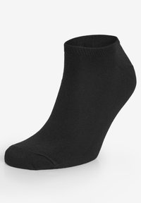Chaussette noire jusqu'à la cheville, fabriquée en tissu tricoté lisse. Présente une bordure côtelée et un design sans couture au niveau des orteils pour plus de confort et un bon ajustement.