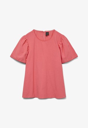 Lyserød kortærmet bluse med rund halsudskæring, tekstureret stof og dekorativ syning langs halsudskæringen og ærmeenderne. Lynlås lukning bagpå.