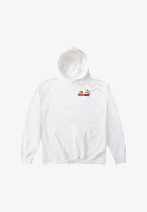 Weißer Hoodie mit einer vorderen Tasche, ausgestattet mit einem bunten "Tom und Jerry"-Grafikdesign auf der Brust. Aus weichem Baumwollmaterial, lässiger Schnitt, Kapuze mit Kordelzug.