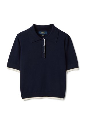 Navy blue short-sleeve polo shirt with white trim on sleeve cuffs and hem, featuring a three-button placket and a wide collar.