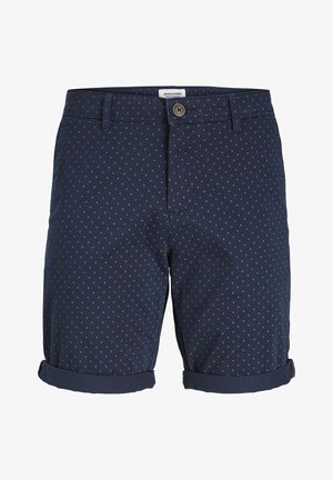 Marineblaue Shorts mit gemustertem Design, kleinen weißen Polka-Dots, umgeschlagenen Säumen und einem üblichen Knopfverschluss an der Taille.
