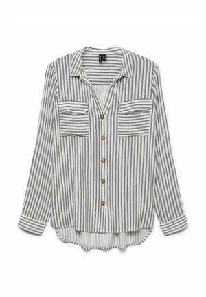 Striped long-sleeve shirt in white and navy with two chest pockets, a button-down front, and a rounded hem. Features gold-tone buttons.