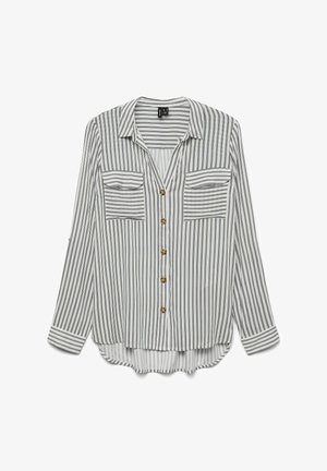 Gestreepte lange mouwen shirt in wit en marineblauw met twee borstzakken, een knoopsluiting aan de voorkant en een ronde zoom. Voorzien van goudkleurige knopen.