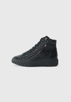 Black high-top sneakers made of textured leather, featuring a side zipper, lace-up front, and a thick, ridged sole.