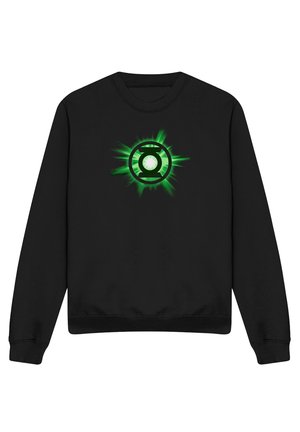 Schwarzes Sweatshirt mit langen Ärmeln und einem leuchtend grünen Green Lantern-Symbol, zentriert auf der Brust.