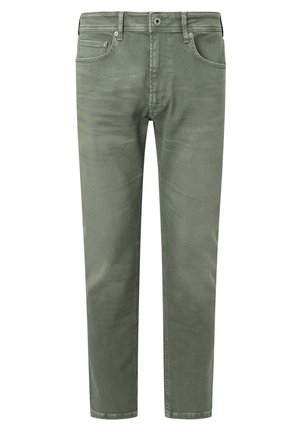 Olivno zeleni bombažni jeans z ozkim krojem, ki ima sprednje in zadnje žepke, zadrgo in en gumb za zapiranje. Gladka tekstura.