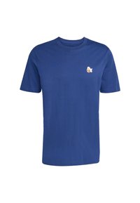 Blå kortærmet T-shirt lavet af bomuld med rund hals. Har et lille grafik af en tegneseriefok, der holder en fisk på venstre bryst.