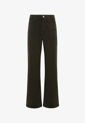 Dark green corduroy pants with a wide-leg design, featuring a front button closure, belt loops, and classic five-pocket styling.