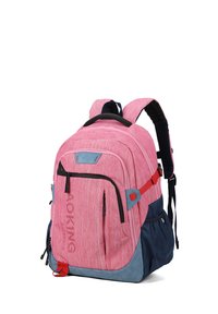 Zaino in tessuto rosa heather, con cerniere nere, spallacci rossi e base blu. Progettato con diversi scomparti e spallacci imbottiti.