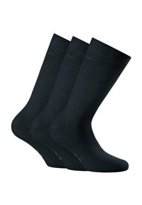 Conjunto de calcetines de algodón negro, con un puño acanalado, grosor medio y una textura suave. Tres pares exhibidos en una disposición apilada.