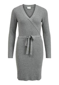 Abito grigio a coste con maniche lunghe, scollatura a V e cintura legata in vita, caratterizzato da una silhouette aderente e una texture liscia.