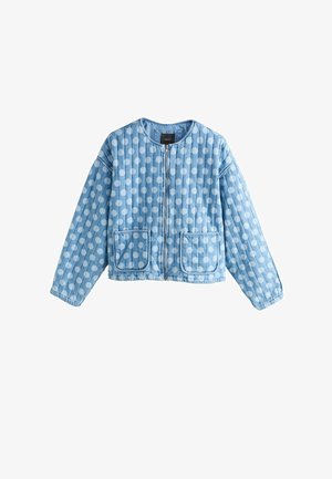 Hellblaue gesteppte Jacke mit weißen Punkten, Reißverschluss vorne, langen Ärmeln und zwei aufgesetzten Fronttaschen.
