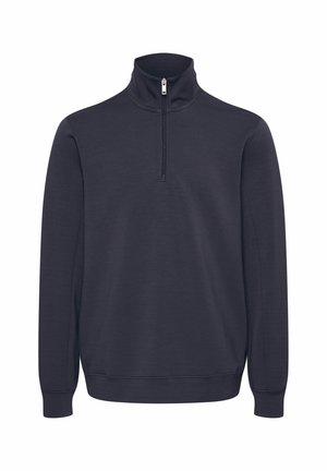 Marinblå kvartdragningströja i mjukt tyg, med långa ärmar och hög krage, metallblixtlås samt ribbade ärmmuddar och nederkant.