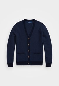 Cárdigan de punto azul marino con escote en V, cinco botones marrones, dos bolsillos frontales y puños y dobladillo de canalé. Patrón tejido texturizado en toda la prenda.