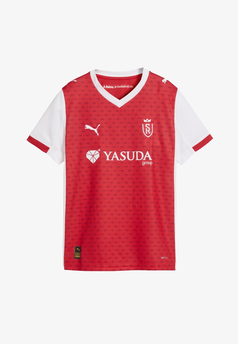 Czerwona i biała koszulka piłkarska z logo Puma, herb SR, sponsorem Yasuda Group, drobnym wzorem w korony i kołnierzem w kształcie litery V.