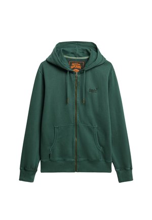 Mørkegrøn lynlås hoodie med frontlommer, snoretræk til hætten og lille Superdry-logo på brystet.
