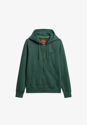 Felpa con zip verde scuro, dotata di tasche frontali, cappuccio con coulisse e piccolo logo Superdry sul petto.