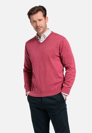 V-hals trui in een roze-rode kleur, gemaakt van textuur gebreid materiaal. Gecombineerd met een blouse met kraag met een bloemmotief.