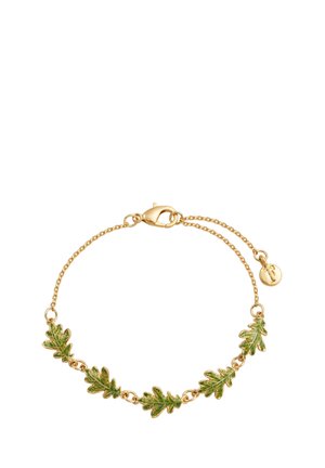 Gold chain bracelet featuring green enamel oak leaves, linked together with small circular connectors and a clasp fastener.