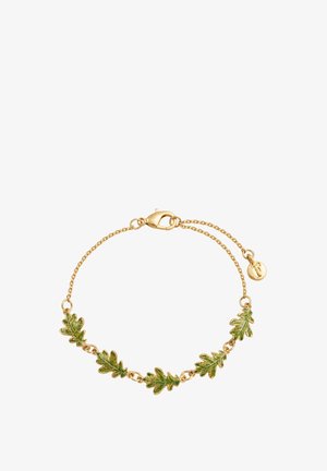 Gouden kettingarmband met groene geëmailleerde eikenbladeren, verbonden door kleine ronde connectoren en een sluiting.