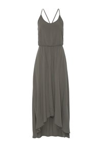Maxi-Kleid in Olivgrün, aus leichtem Material, mit Spaghettiträgern, taillierter Taille und asymmetrischem Saum.