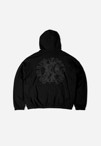 Felpa nera con cappuccio caratterizzata da un grande e intricato design grafico grigio sul retro. Tessuto morbido con vestibilità rilassata e orlo elastico.