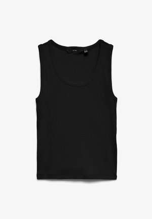 Black ribbed sleeveless tank top with scoop neckline, laid flat on white background.