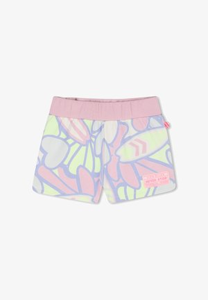 Shorts pour enfants avec ceinture élastique rose, motifs abstraits pastel en rose, vert et violet, et un patch "Never Stop" sur la jambe.