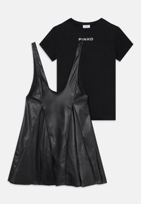 Black leather dress with a deep neckline and pleated skirt, paired with a fitted black cotton T-shirt featuring "PINKO" logo in white.